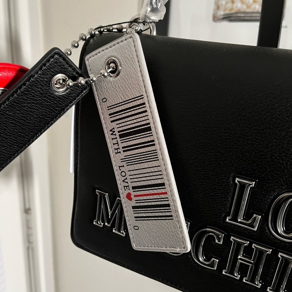 LOVE MOSCHINO NWT AUTHENTIC LOGO-CHARM BLACK FAUX LEATHER SATCHEL BAG - Picture 5 of 17